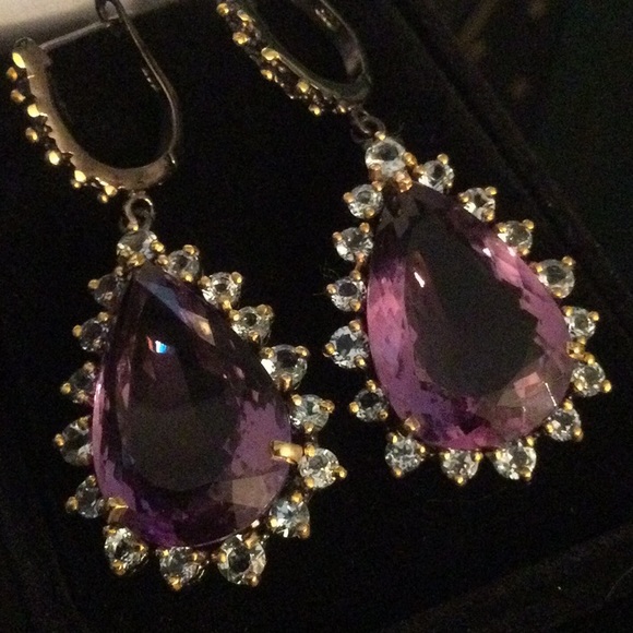 Exceptional Genuine  AAA+ Royal Purple Amethyst & Aquamarine Earrings - Picture 2 of 9